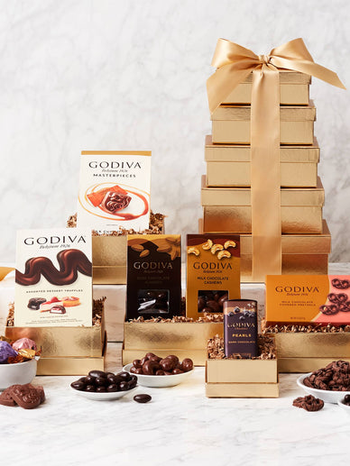 Golden Tower of Godiva Chocolate Gift Basket